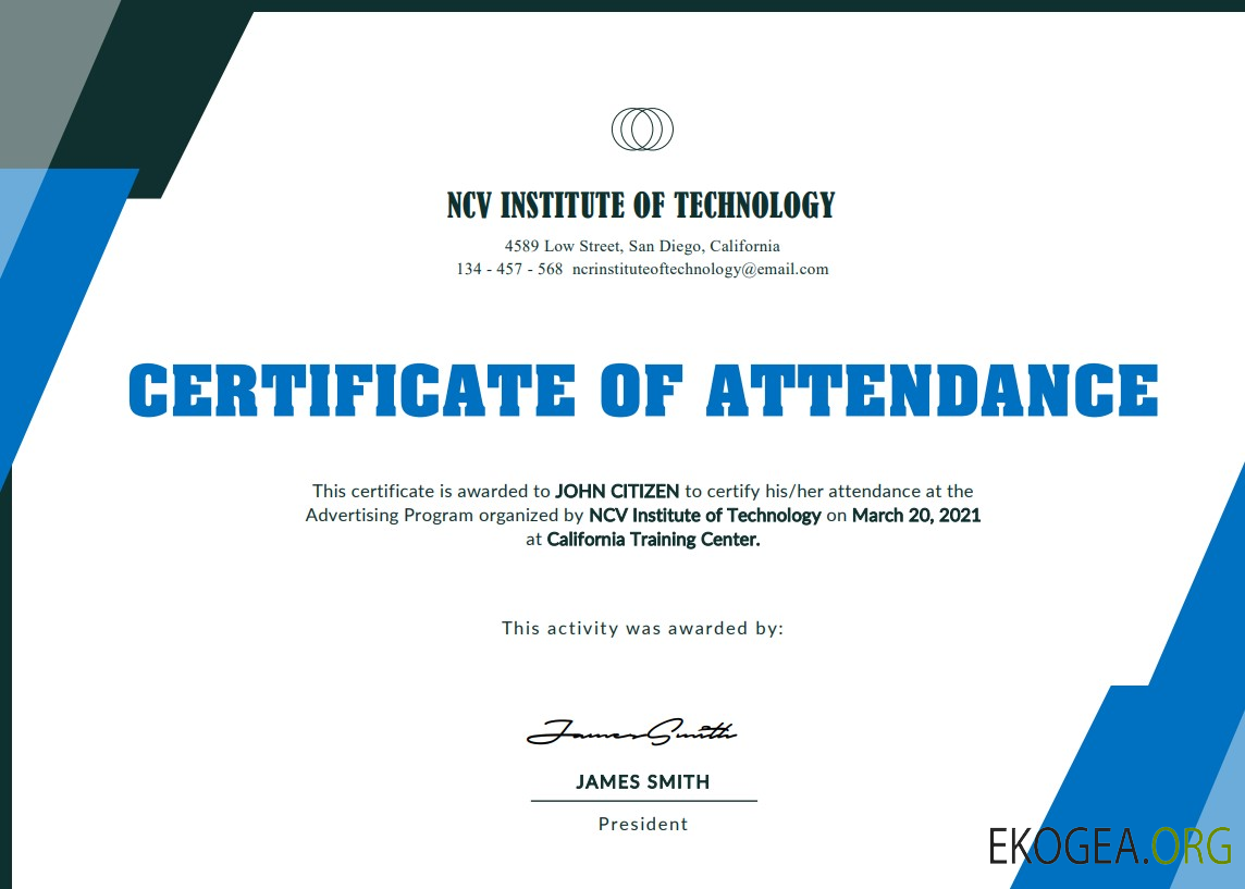 Certificat d'événement du NCV Institute of Technology des États Unis